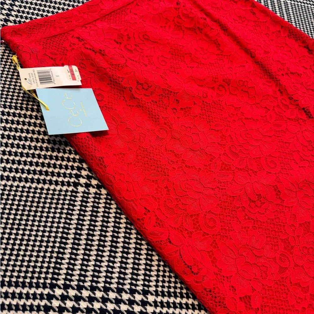 NWT❣️CeCe by Cynthia Steffe Red Scalloped Hem Lace Pencil Skirt size 6